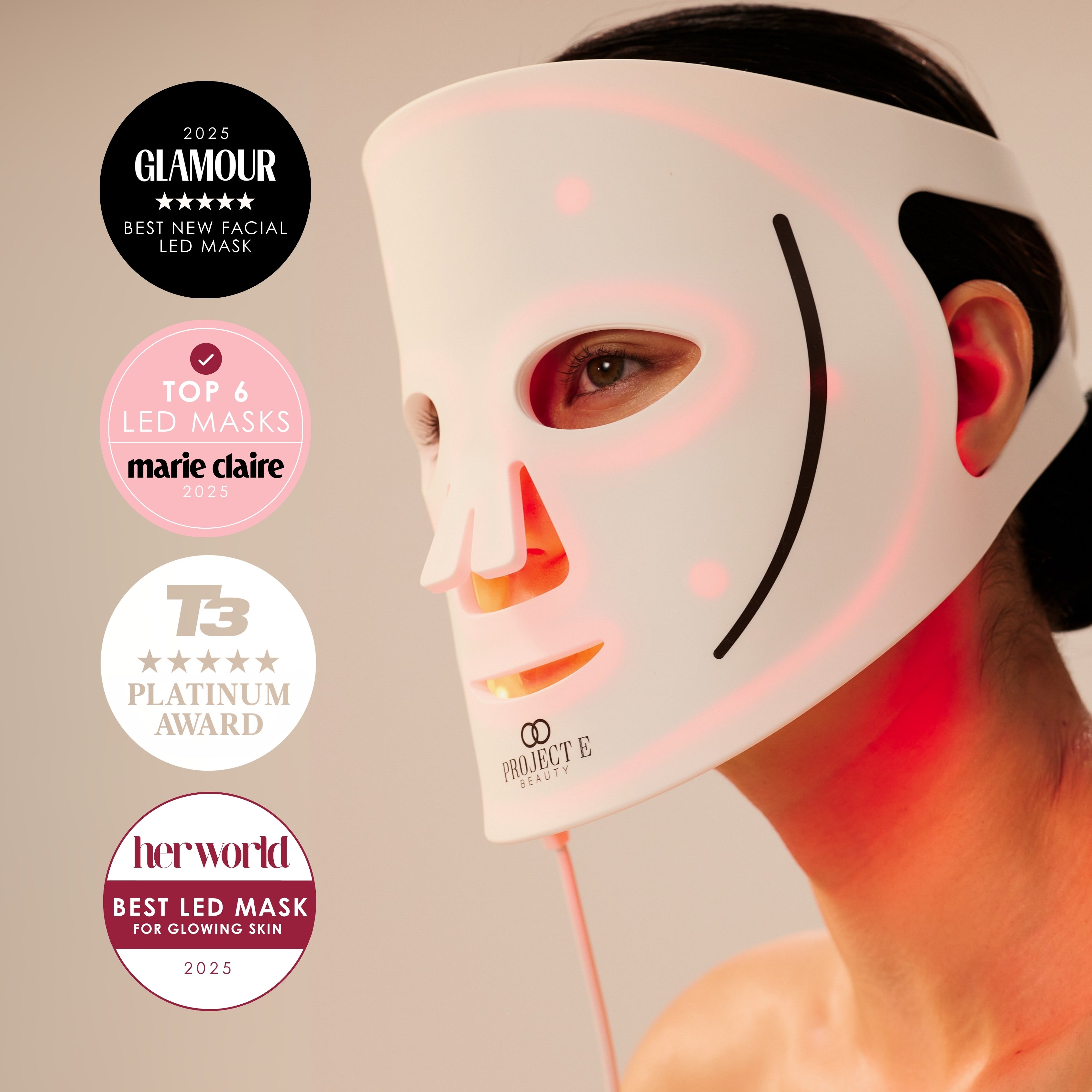Female in skincare routine using LED facial mask